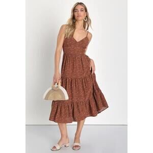 Lulus Essentially Adorable Brown Floral Print Tiered Midi Dress - Size S